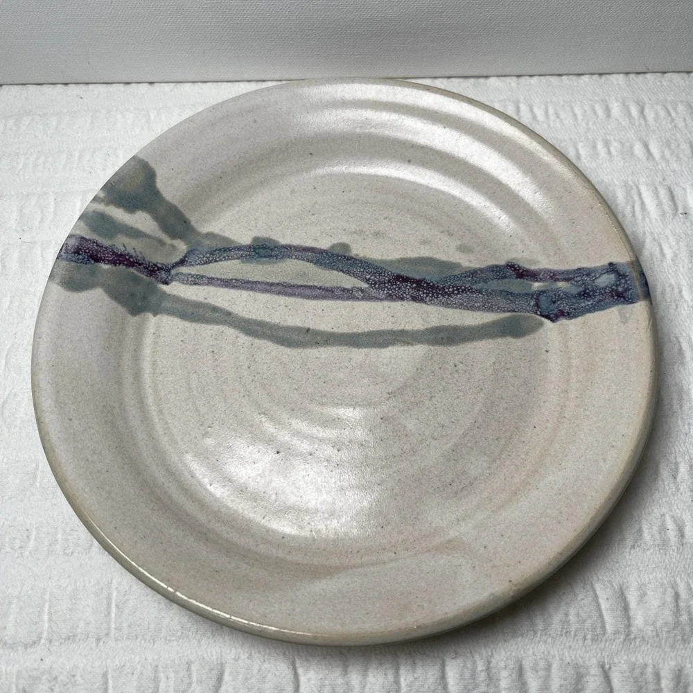 VTG Studio Art Pottery Bowl Purple/Blue/Green Abstract 8 1/2 in diam X 1 in deep